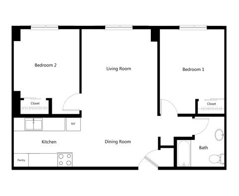 Floor plan for 2 beds, 1 bath, 925 sqft